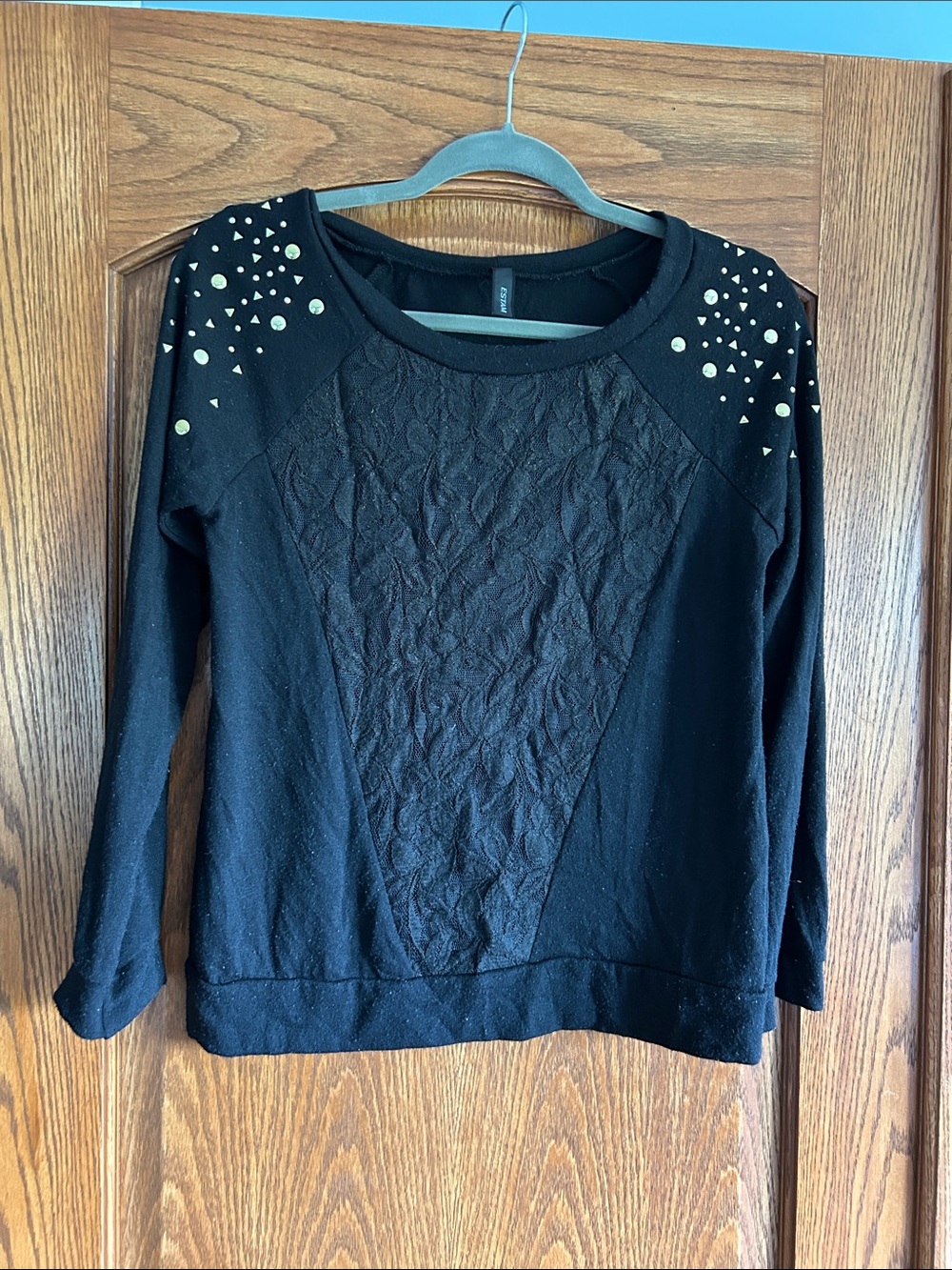 Women's Black Stud-Accent Long Sleeve Top